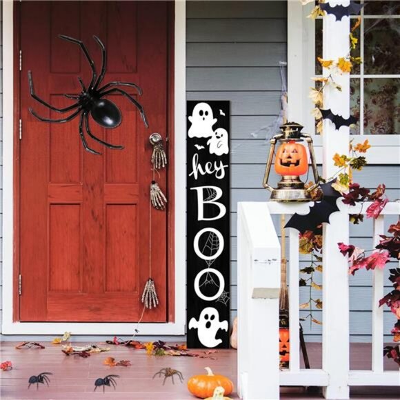 Halloween Porch Sign with Cute Ghost and Bats Design Door Hanging Decor Wooden - Picture 7 of 8